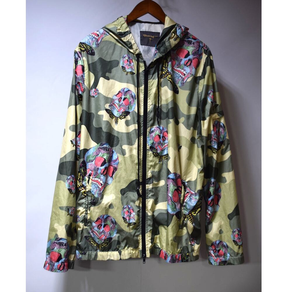 Fifteen & Half Paris Camo Skull Butterfly Hooded Windbreaker Jacket XL